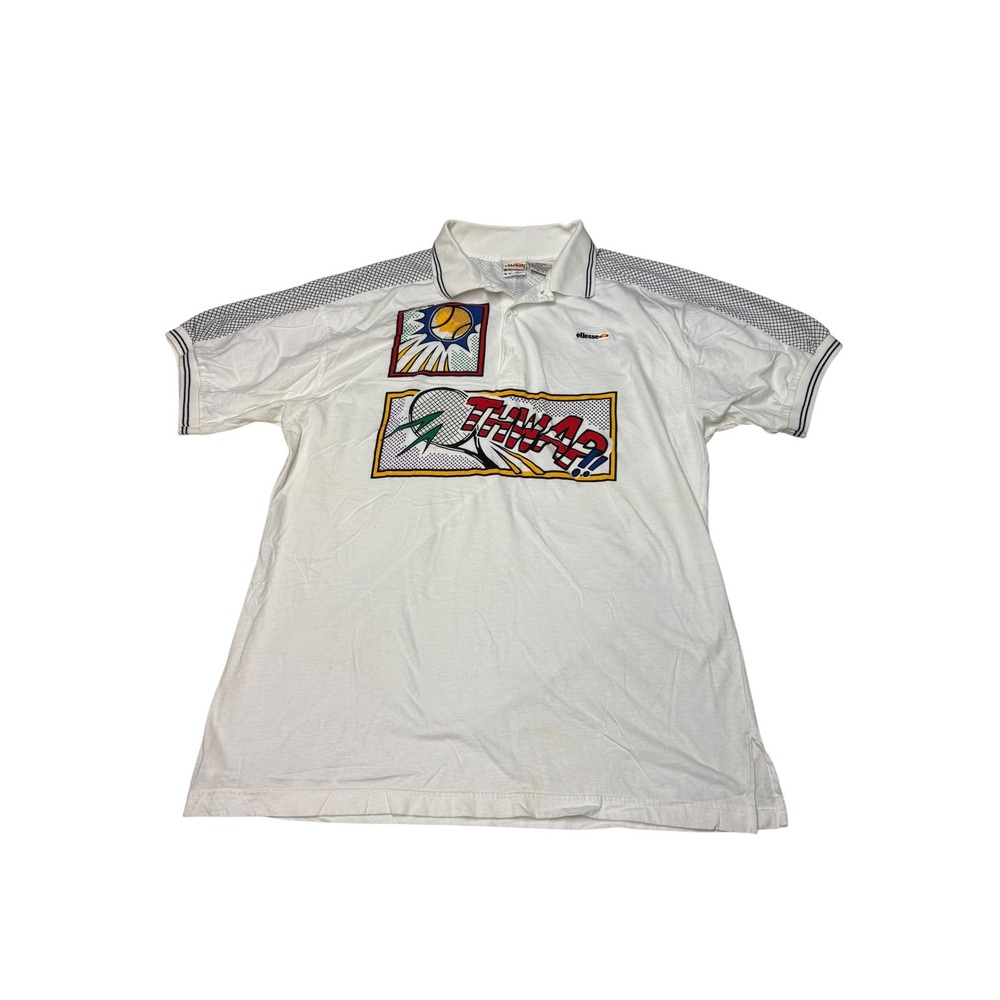 Vintage‎ Ellesse Pop Art Tennis Polo Shirt White Mercerized Cotton Mens Size 8 L